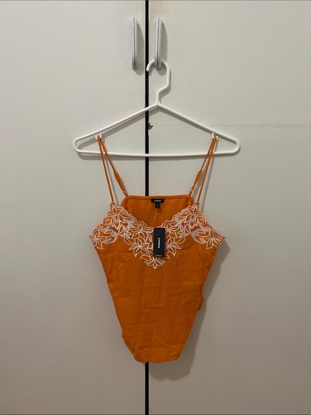 Express Orange Spaghetti-Strap Bodysuit with White Floral Embroidery